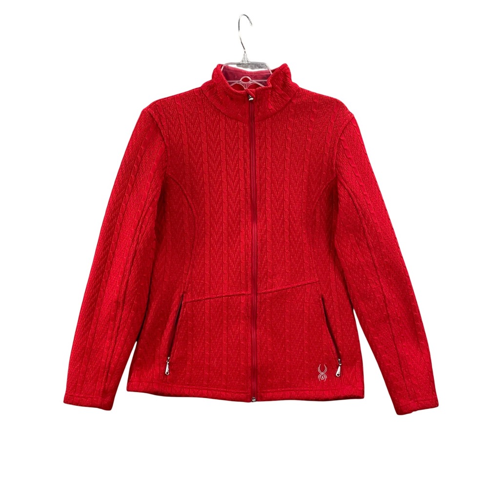 Spyder Core Sweater Jacket Women Large Red Fleece Lined Cable Knit Outwear Ski